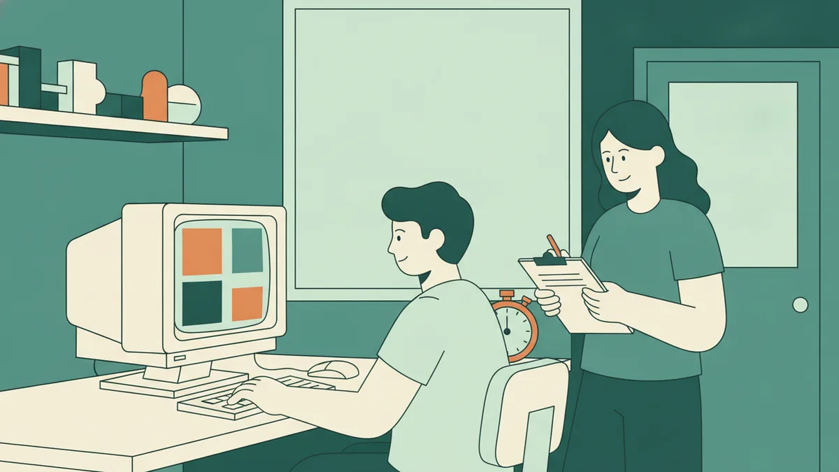 Illustration : dans une petite salle d'expérience, un étudiant assis devant un ordinateur appuie sur des touches en regardant des carrés de couleur à l'écran ; une étudiante debout, chronomètre posé à côté, note les résultats sur un carnet.