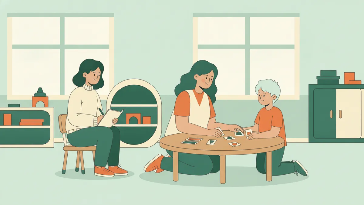 Illustration : dans une salle de classe de primaire, une psychologue joue à un jeu de cartes illustrées avec un enfant à une petite table ; un peu en retrait, une étudiante stagiaire observe et prend des notes.