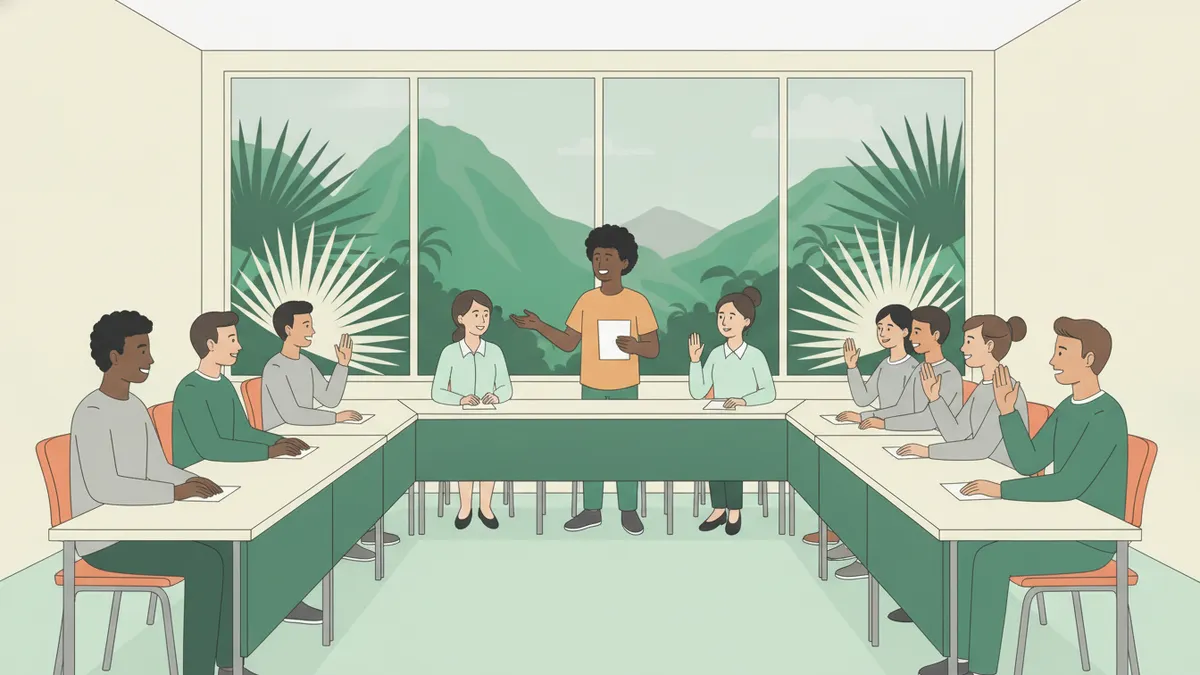 Illustration : une douzaine d'étudiants assis autour de tables disposées en U ; l'un d'eux, debout, présente ses notes, d'autres lèvent la main ; derrière les fenêtres, des montagnes vertes et des feuilles de palmier.