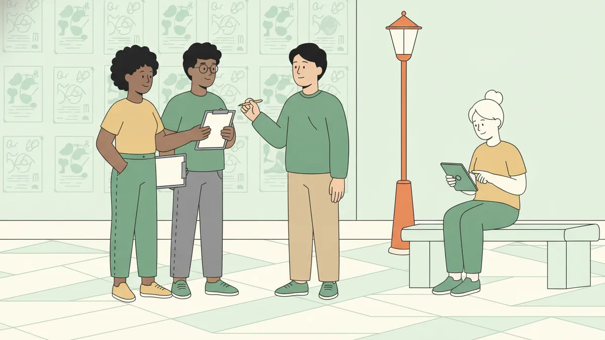 Illustration : sur une place, deux étudiants avec des questionnaires sur porte-documents discutent avec un passant ; à côté, une étudiante assise sur un banc saisit les réponses sur une tablette, devant un mur d'affiches électorales sans texte lisible.