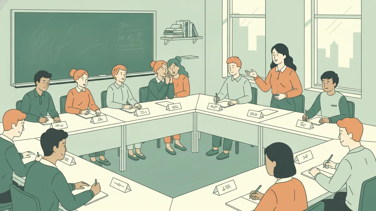 Illustration : dans une salle de cours, des étudiants assis autour de tables disposées en U, chacun derrière un chevalet de délégation ; une étudiante prend la parole, les autres prennent des notes ou se concertent à voix basse.