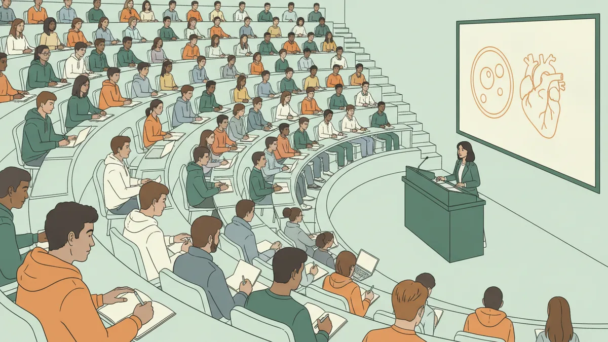 Illustration : un grand amphithéâtre plein d'étudiants qui prennent des notes ; au fond, une enseignante devant un écran où sont dessinés une cellule et un cœur.