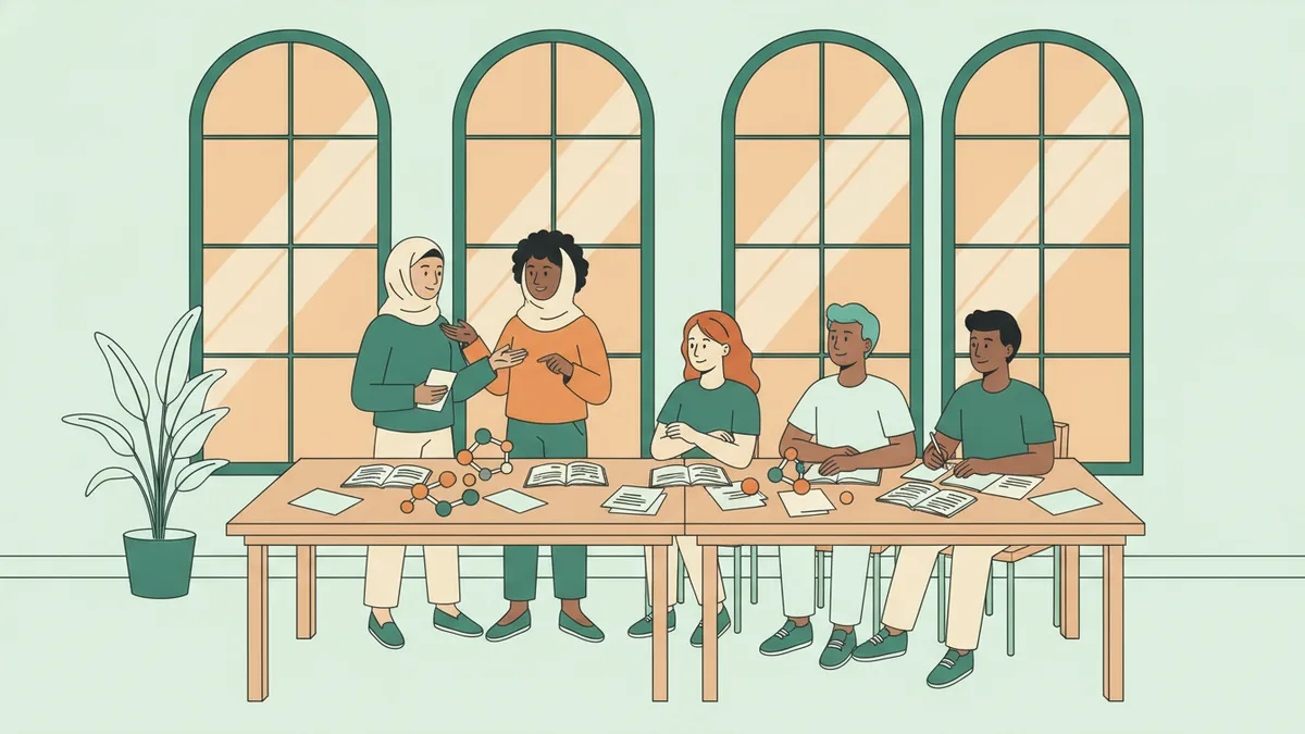 Illustration : dans une salle lumineuse aux grandes fenêtres, deux étudiants tuteurs expliquent des exercices de biologie à un petit groupe de première année assis autour de tables couvertes de feuilles et de modèles de molécules.
