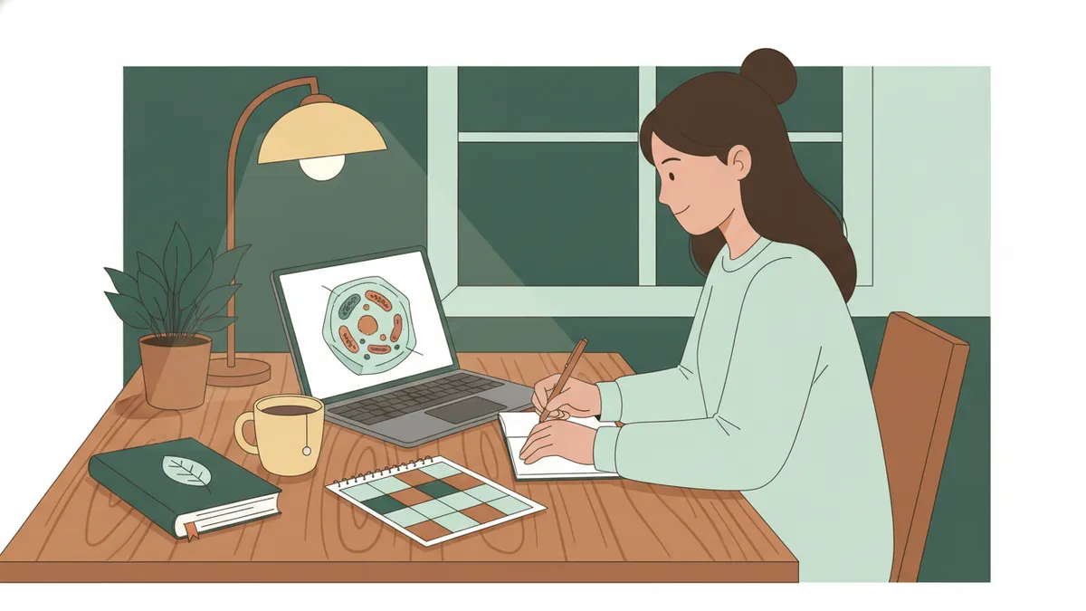 Illustration : une étudiante travaille le soir à une table de cuisine en bois ; sur l'écran de son ordinateur, le schéma d'une cellule ; elle prend des notes, à côté d'un manuel, d'une tasse de thé et d'un planning de la semaine.