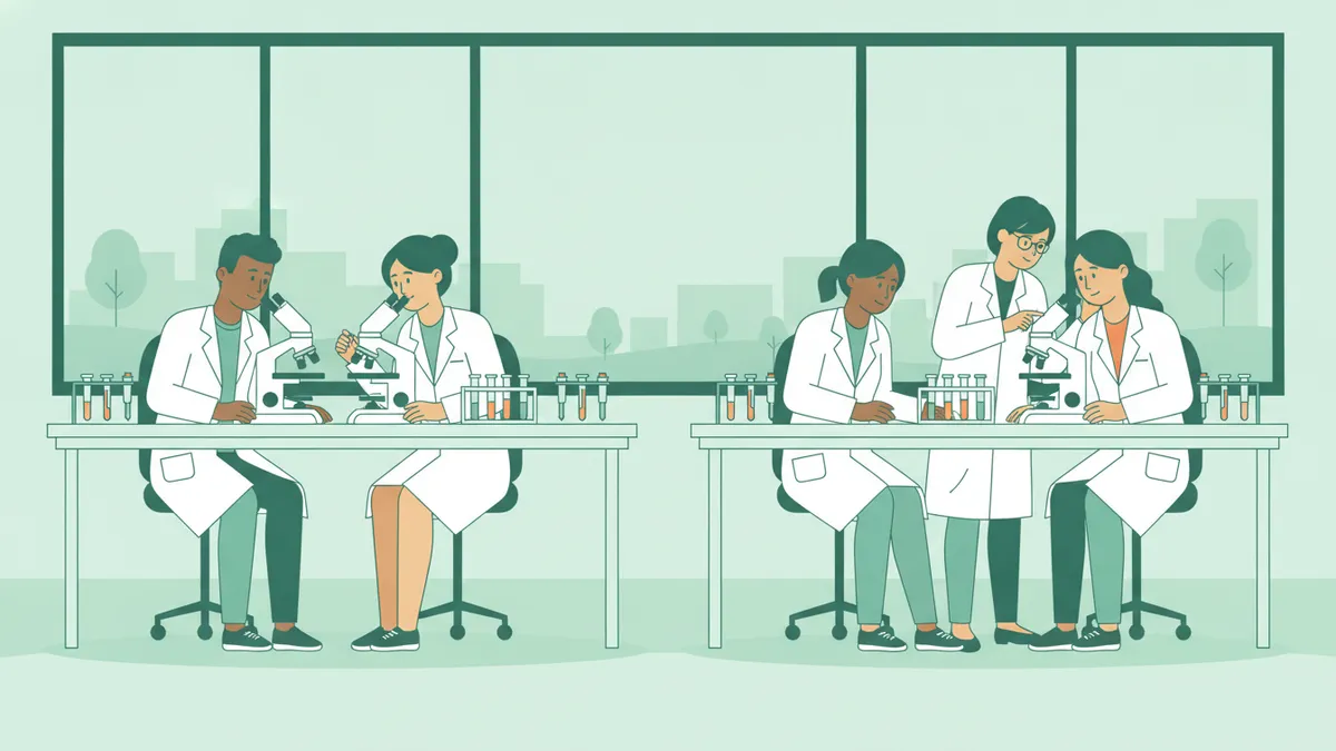 Illustration : une salle de travaux pratiques de biologie ; six étudiants en blouse blanche travaillent par deux devant des microscopes, des portoirs de tubes et des pipettes ; une encadrante aide une étudiante à régler son microscope.