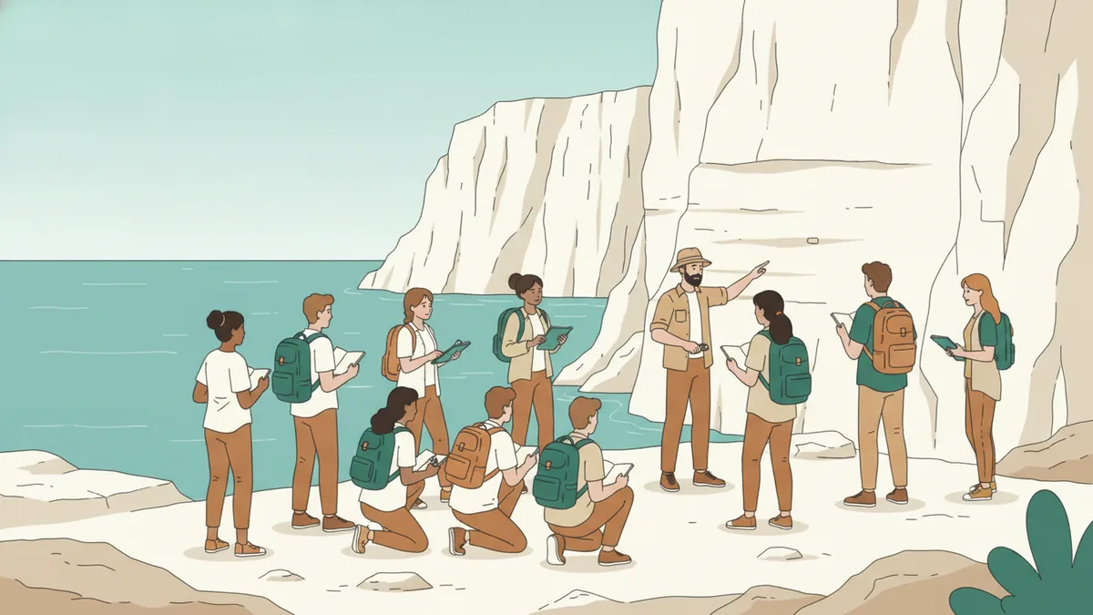 Illustration : un groupe d'étudiants en sciences sur une côte rocheuse méditerranéenne, au pied de falaises calcaires blanches et devant une mer turquoise ; un enseignant montre les couches de roche, les étudiants prennent des notes, loupes et sacs à dos.