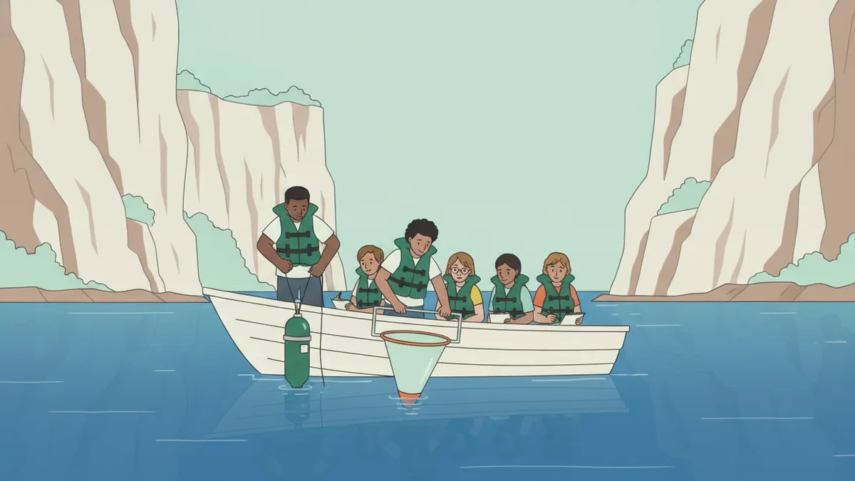 Illustration : des étudiants en gilet de sauvetage sur un petit bateau de recherche, sur une mer calme au pied de falaises calcaires ; ils descendent une bouteille de prélèvement d'eau et un filet à plancton.