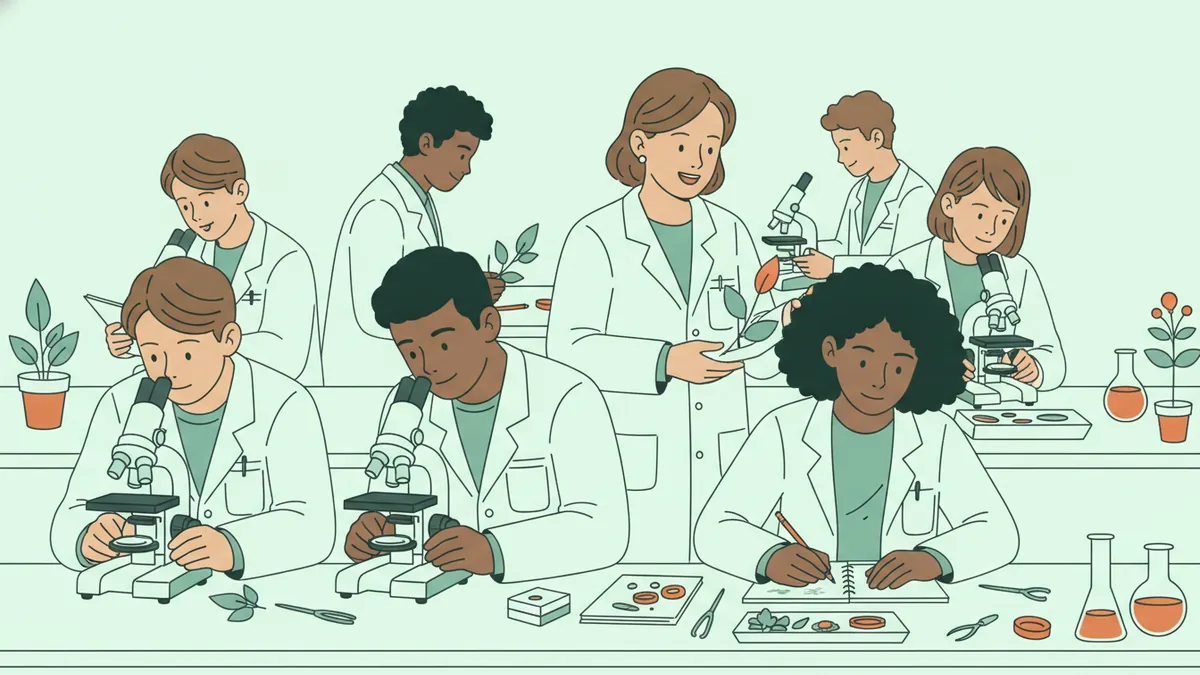 Illustration : salle de travaux pratiques de biologie ; des étudiants en blouse blanche observent au microscope et dissèquent des plantes sur des plateaux ; une étudiante dessine ce qu'elle voit, une enseignante aide un groupe.