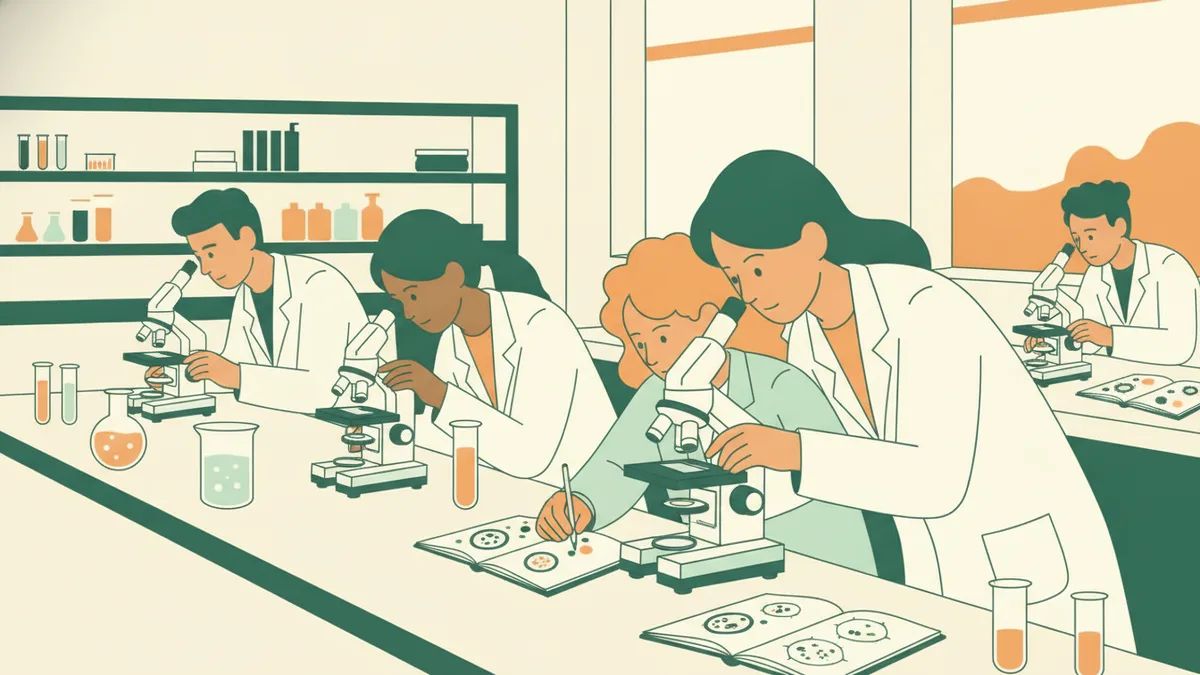 Illustration : des étudiants en blouse blanche, en TP de biologie, regardent dans des microscopes ; une enseignante aide une étudiante à faire la mise au point, des croquis de cellules sur les cahiers.