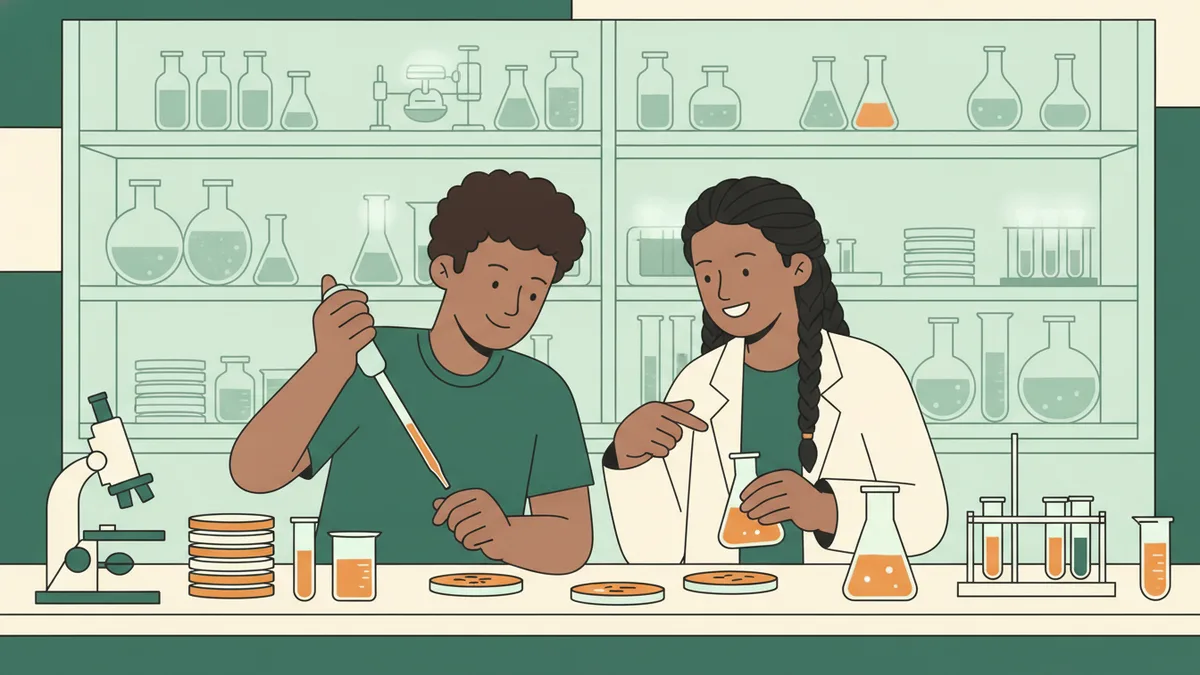 Illustration : un étudiant stagiaire pipette à côté d'une chercheuse en blouse, sur une paillasse couverte de boîtes de Petri, devant des étagères de verrerie.