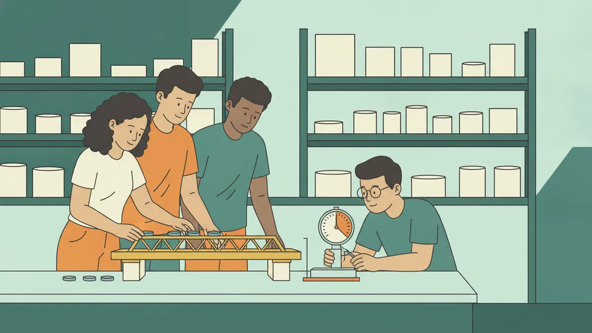 Illustration : dans un laboratoire de génie civil, trois étudiants chargent de poids une maquette de pont en poutres de bois pendant qu'un quatrième lit la flèche sur un comparateur ; des éprouvettes de béton sont rangées sur les étagères.