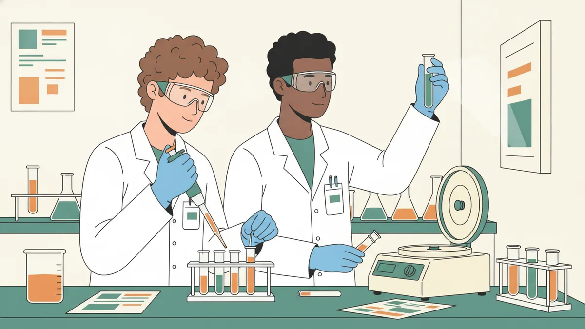 Illustration : dans un laboratoire de biotechnologie, deux étudiants en blouse, gants et lunettes pipettent des liquides colorés dans de petits tubes ; l'un vérifie un tube à la lumière, une centrifugeuse est posée à côté.