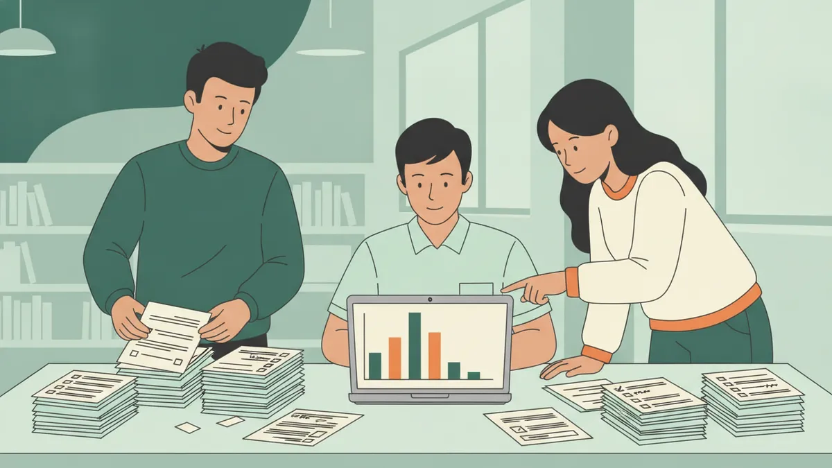 Illustration : trois étudiants autour d'une table couverte de questionnaires imprimés ; l'un trie les formulaires en piles, l'autre saisit les réponses sur un ordinateur portable qui affiche un histogramme, la troisième montre le graphique du doigt.
