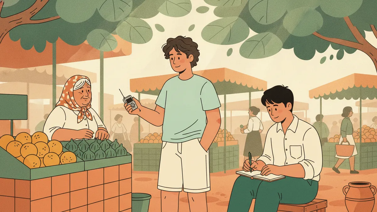 Illustration : sur un marché en plein air sous des platanes, un étudiant tend un petit enregistreur vers une marchande de fruits âgée qui lui répond, pendant qu'une autre étudiante, assise, prend des notes dans un carnet.