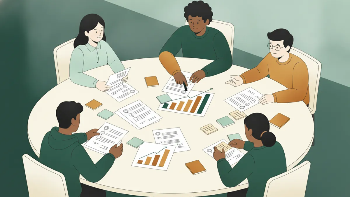 Illustration : cinq étudiants autour d'une table ronde couverte de questionnaires imprimés, de post-it et de diagrammes en barres ; l'un d'eux montre un graphique du doigt.