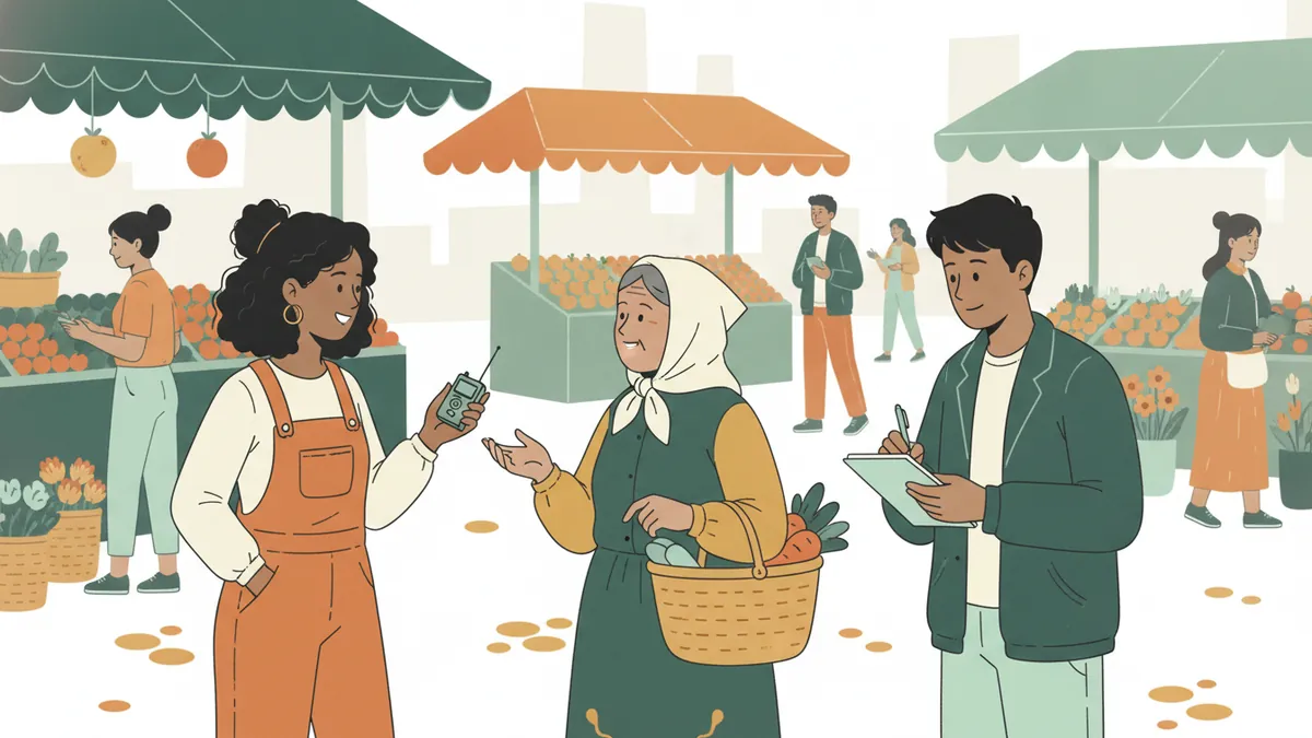 Illustration : sur une place de marché, une étudiante tient un petit enregistreur et interroge une dame âgée qui porte un panier de courses, pendant qu'un étudiant prend des notes dans un carnet.
