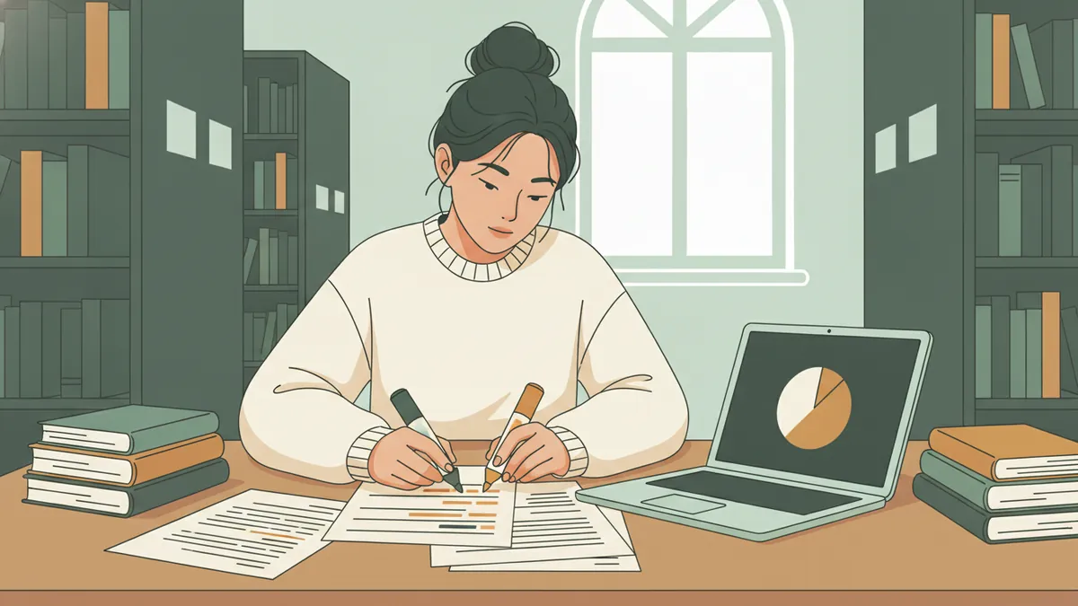 Illustration : une étudiante seule à une table de bibliothèque surligne des retranscriptions d'entretiens avec des feutres de couleur ; un ordinateur portable ouvert affiche un diagramme circulaire, des livres sont empilés à côté.
