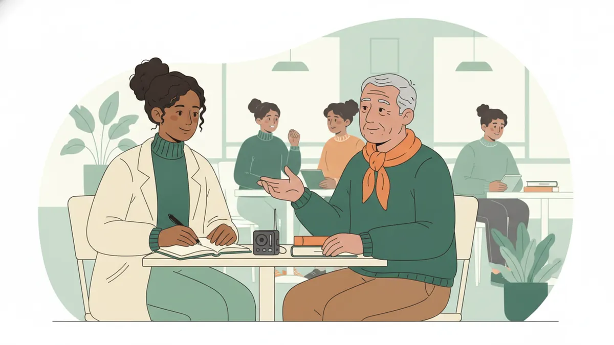 Illustration : une étudiante mène un entretien avec un homme âgé assis à une table de café ; un petit enregistreur est posé entre eux, elle prend des notes dans un carnet.