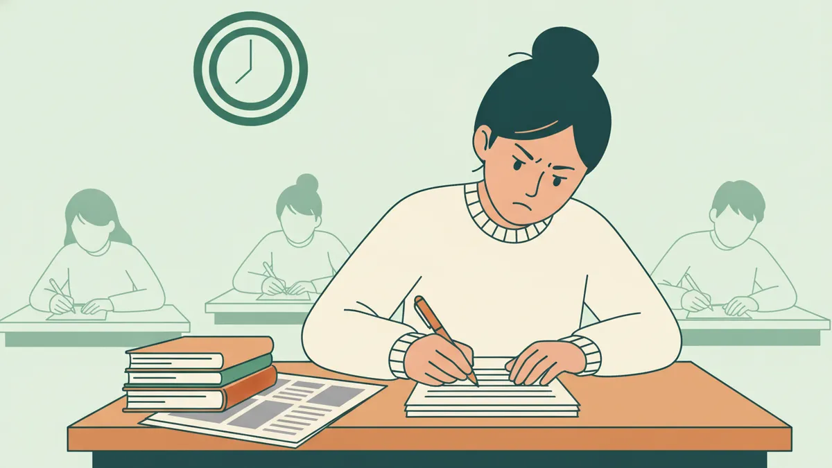 Illustration : une étudiante concentrée rédige une longue copie pendant une épreuve écrite, une pile de livres et un journal à côté d'elle ; derrière, d'autres étudiants écrivent sous une horloge murale.