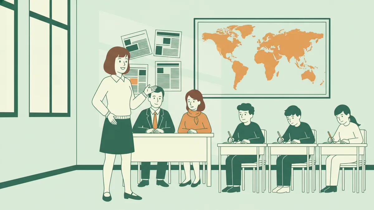 Illustration : dans une salle de classe, une étudiante debout répond avec assurance à deux professeurs assis derrière une table, pendant que trois camarades prennent des notes ; une carte du monde et des coupures de presse sont affichées au mur.