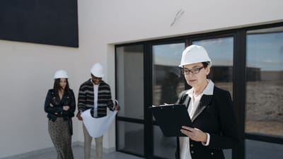 Architectes en casques de sécurité examinant des plans de construction sur un chantier.