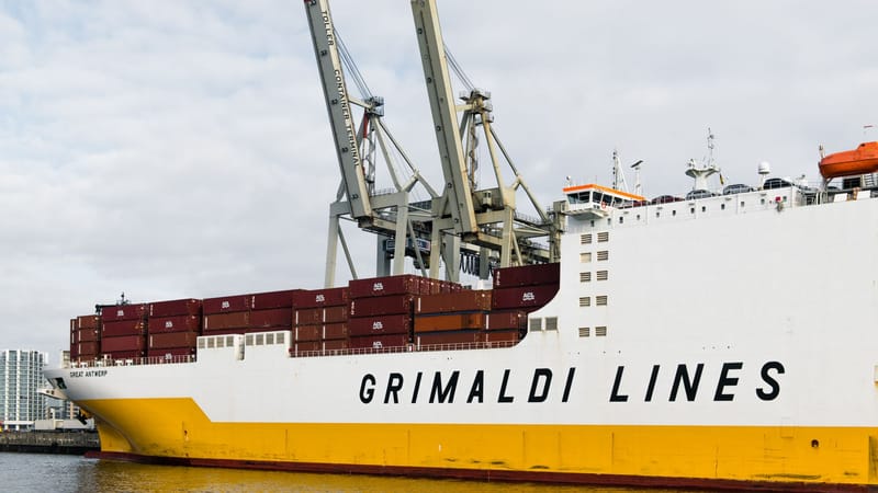 Un grand porte-conteneurs de Grimaldi Lines amarré au port de Hambourg, présentant le commerce mondial.