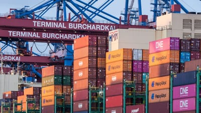 Tas de conteneurs et grues au terminal Burchardkai dans le port de Hambourg, Allemagne.