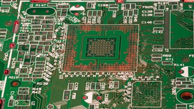 Vue détaillée d'une carte de circuit imprimé verte avec des composants et des connexions visibles.