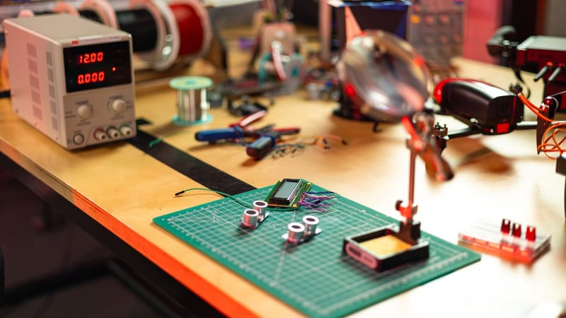 Une vue détaillée d'un atelier d'électronique avec divers outils et composants sur un établi.