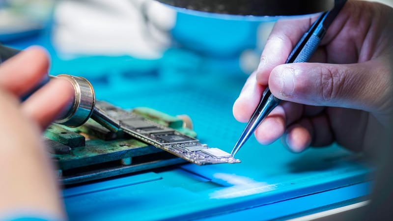 Mains tenant délicatement des outils pour réparer un circuit imprimé avec précision.