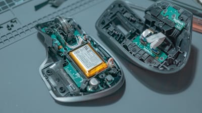 Gros plan d'une souris d'ordinateur démontée révélant des cartes de circuits internes et des composants.