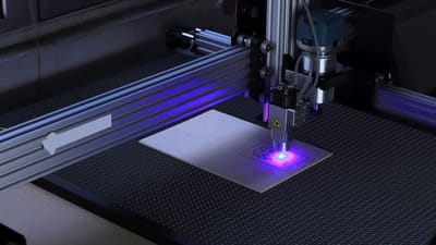 Gros plan d'une machine de gravure laser CNC traitant une pièce en bois.