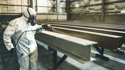 Ouvrier en combinaison de protection en train de peindre des poutres métalliques dans un cadre industriel intérieur.