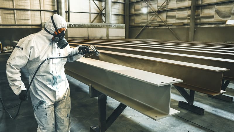 Ouvrier en combinaison de protection en train de peindre des poutres métalliques dans un cadre industriel intérieur.