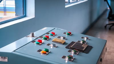 Gros plan d'un panneau de contrôle industriel avec des boutons colorés dans un environnement d'usine.