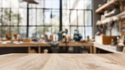ai généré, table, bois, atelier, se brouiller, contexte, espace, vider, surface, texture, charpenterie, intérieur, pièce, outils, rayonnage, matériel, artisanat, conception, industriel, équipement