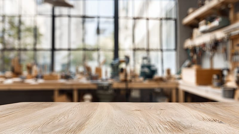 ai généré, table, bois, atelier, se brouiller, contexte, espace, vider, surface, texture, charpenterie, intérieur, pièce, outils, rayonnage, matériel, artisanat, conception, industriel, équipement