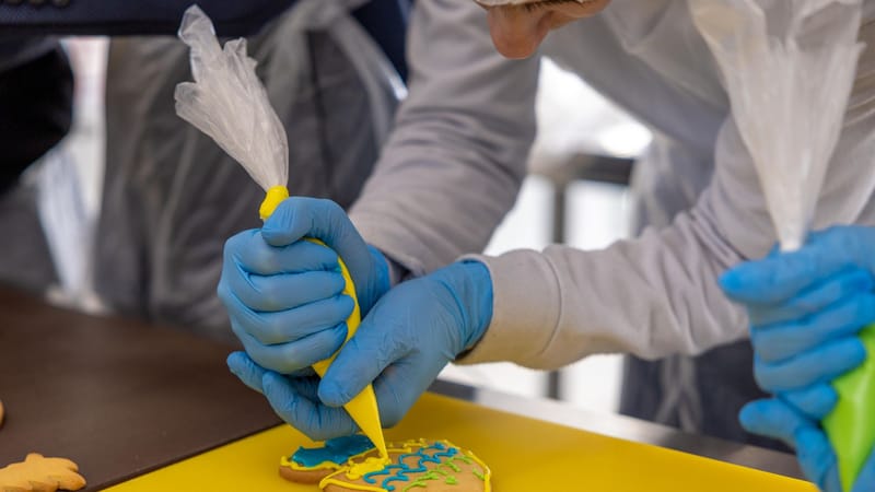 Mains décorant des biscuits avec du glaçage coloré, présentant des motifs complexes.