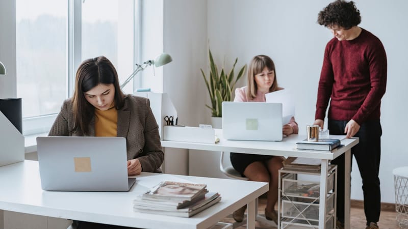 Groupe de collègues travaillant ensemble dans un espace de bureau moderne et lumineux avec des ordinateurs portables.