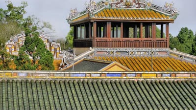 vietnam, hué, cité, impériale, pavillon, toiture, décoration, céramiques, dragons, architecture, monument, histoire