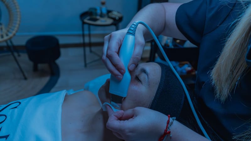 Gros plan d'un soin de la peau utilisant un appareil avancé dans un cadre spa.