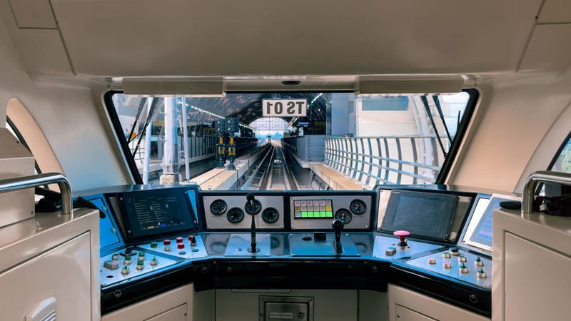Vue de l'intérieur d'une cabine de contrôle de train surplombant la gare de Jakarta. Moderne et technique.