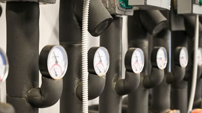 Tuyaux industriels et manomètres dans une installation à Garešnica, Croatie.