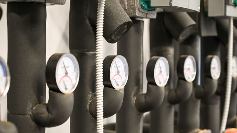 Tuyaux industriels et manomètres dans une installation à Garešnica, Croatie.