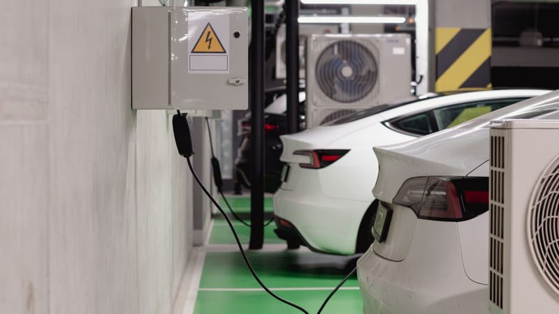 Véhicules électriques en charge à une station intérieure dans un garage souterrain moderne.