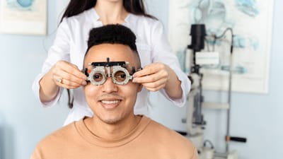 Un homme recevant un examen de la vue avec un phoroptère dans un cadre de clinique d'optométrie.