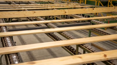 Gros plan sur des planches en bois sur un tapis roulant de production dans un contexte industriel.