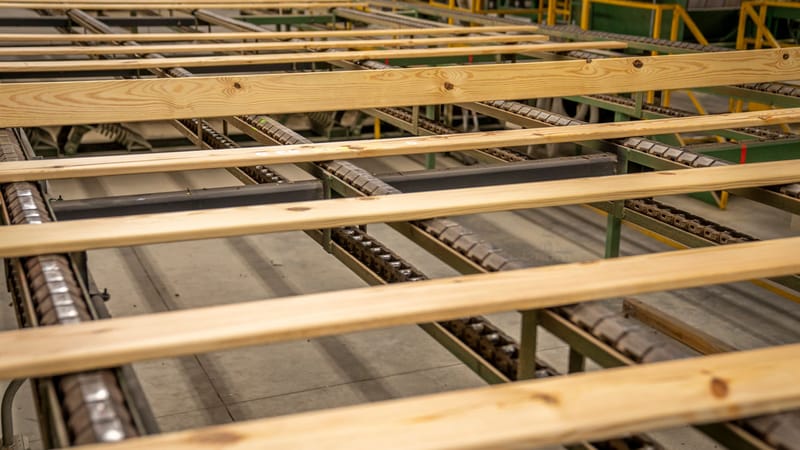 Gros plan sur des planches en bois sur un tapis roulant de production dans un contexte industriel.