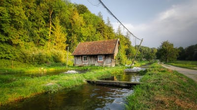 aquaculture, ruisseau, l'élevage de truites, vert, cabane, paysage, ferme, web, ambiance du soir