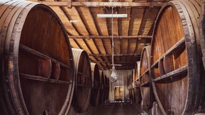 Une cave à vin vintage avec de grands fûts en bois à San Juan, Argentine, capturée dans un style vintage chaleureux.